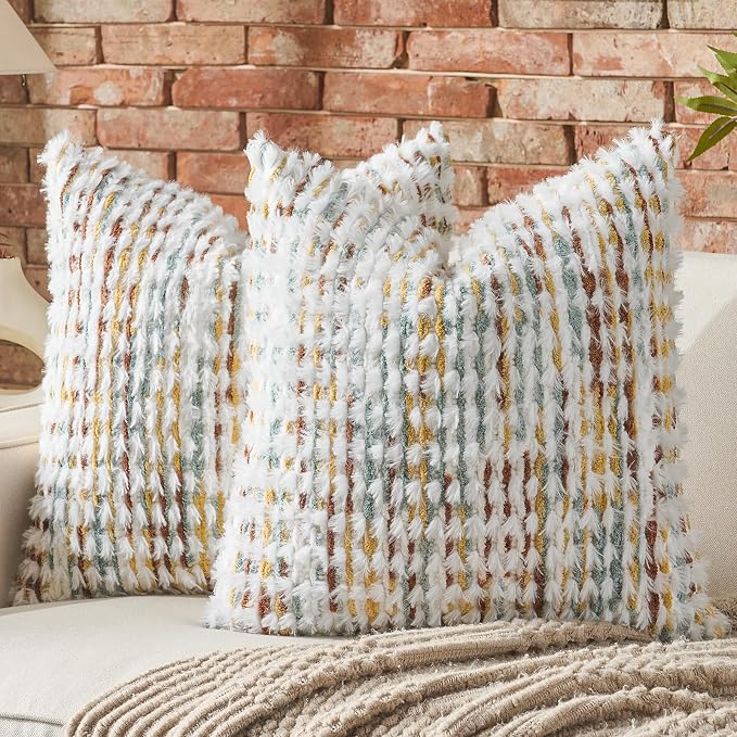 Set of 2 Boho Chenille Pillow Cover Decorative Tufted Pillowcase for Couch Bed Sofa Bedroom Living Room Modern 20 x 20-Inch Brown White