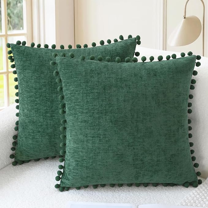 CaliTime Decorative Couch Throw Pillow Covers 18 X 18 Inches Dark Green | Pack of 2, Cozy Chenille Cushion Cases, with Pom Poms for Sofa Bed Living Room Farmhouse Home