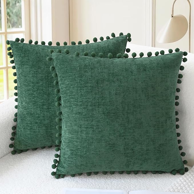 CaliTime Decorative Couch Throw Pillow Covers 22 X 22 Inches Dark Green | Pack of 2, Cozy Chenille Cushion Cases, with Pom Poms for Sofa Bed Living Room Farmhouse Home