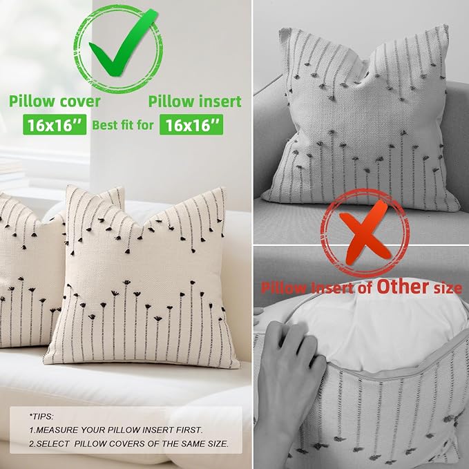 YCOLL Boho Outdoor Throw Pillow Covers 16x16 Set of 2 Neutral Woven Decorative Pillowcases Cotton Tufted Couch Pillows Modern Farmhouse Cushion Covers for Sofa Couch Bed Living Room Home Decor, Black