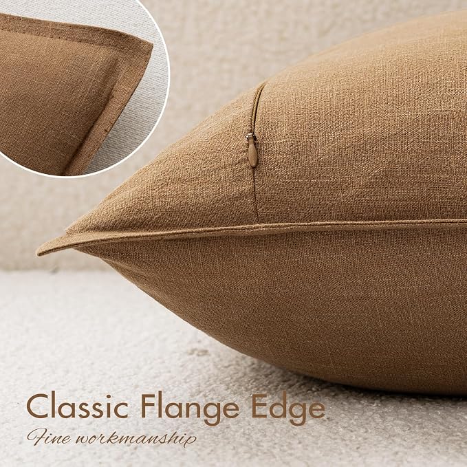 EMEMA Decorative Linen Throw Pillow Covers 18x18 Inch Fall Brown | Boho Farmhouse Neutral Couch Throw Pillows for Bed Pack of 2 Accent Pillowcase Modern Sofa Cushion Livingroom Home Decor