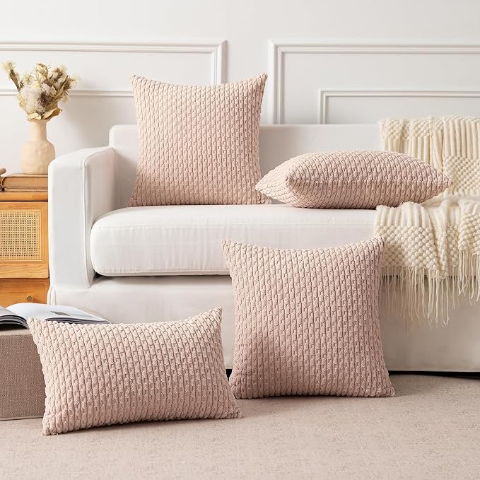 Kevin Textile Soft Corduroy 12"x20" Lumbar Pillow Cover 1 Pack, Light Pink | Boho Stripe Plush Corduroy Decorative Oblong Cushion Cover Modern Farmhouse Home Decor for Sofa Couch Bed Chair