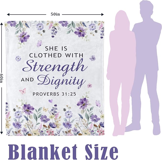 Christian Gifts Blanket Birthday Gifts for Women Throw 50"x60" | Religious Inspirational Birthday Gifts for Women, Strength & Dignity Encouraging Bible Verse Proverb Throw Blanket