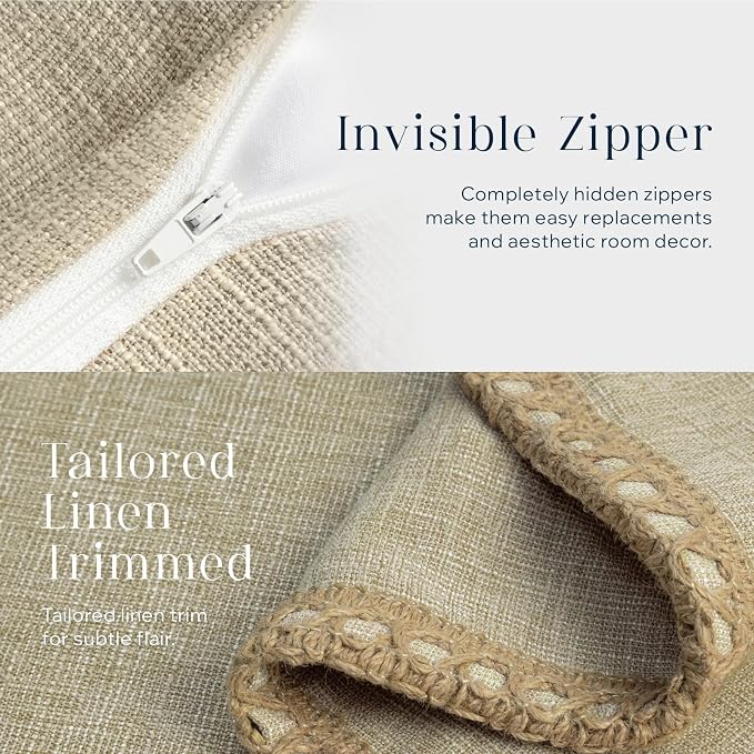 Phantoscope Pack of 2 Farmhouse Decorative Solid Throw Decorative Pillow Cover Burlap Linen Trimmed Tailored Edges, Oatmeal 24 x 24 inches 60 x 60 cm