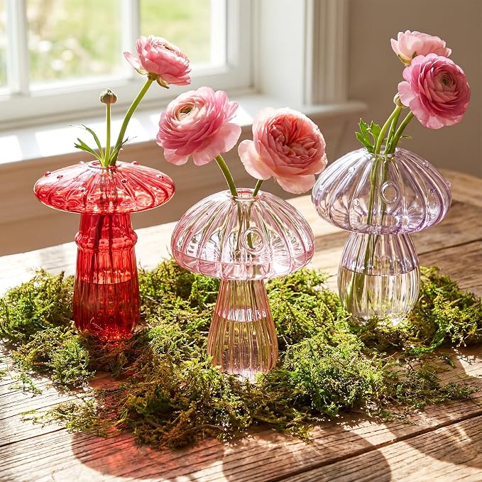 7 Pcs Glass Mushroom Vase Propagation Station with Hydroponic Plant and Artificial Fake Moss 6 Colored Plant Vase Table Centerpiece Decor for Forest Birthday Wedding Party Decoration (Pink)