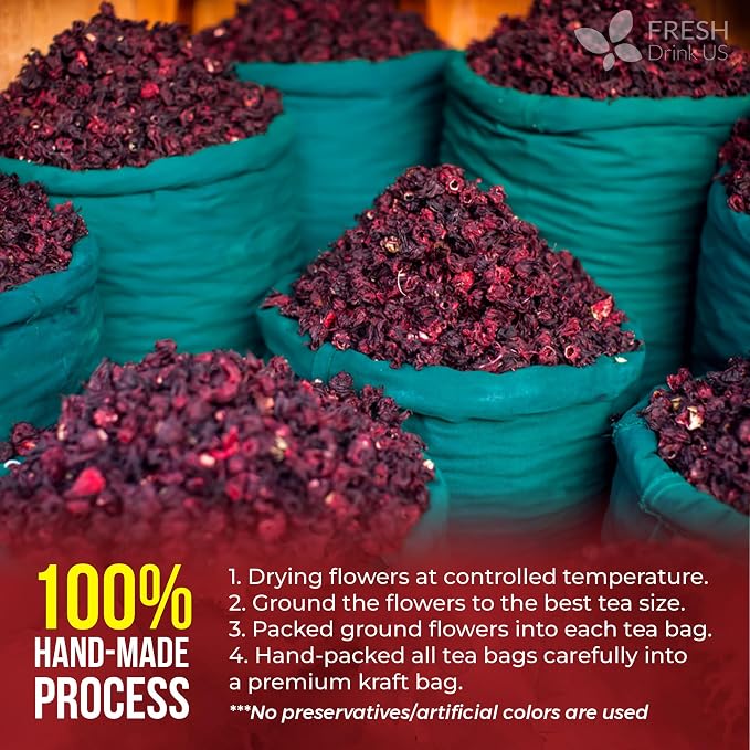 FRESHDRINKUS 60 Hibiscus Flowers Tea Bags, 100% Natural, Pure from Hibiscus Flowers. Loose Flower Hibiscus Herbal Tea. Hibiscus Flower Tea. No Sugar, No Caffeine, No Gluten, Vegan.
