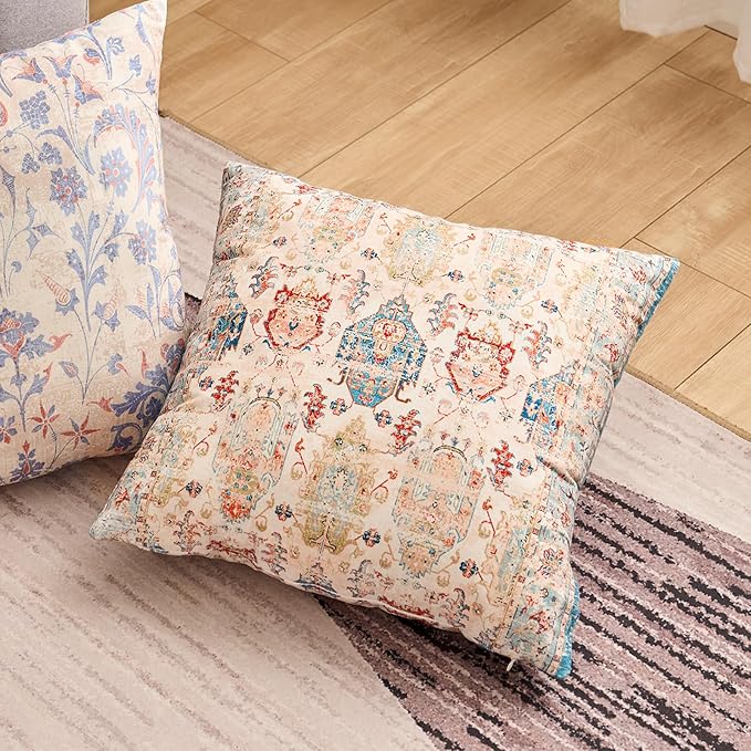 Boho Floral Throw Pillow Covers 20x20 inch Set of 2,Beige Boho Rug Geometric Floral Pattern Decor Double Sided Pattern Cushion Cover Soft Pillow Case Living Sofa Room Bed Square Pillow Cover