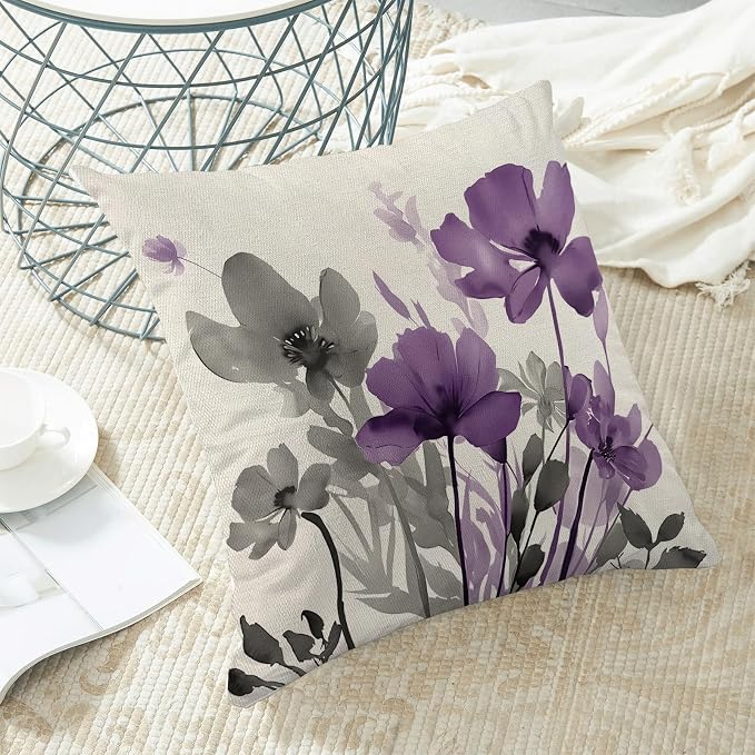 Spring Floral Pillow Covers 18x18 Inches Set of 2 Gray Purple Floral Throw Pillow Covers Outdoor Summer Flower Decoration Pillowcase Farmhouse Decorative Square Cushion Cover for Home Couch