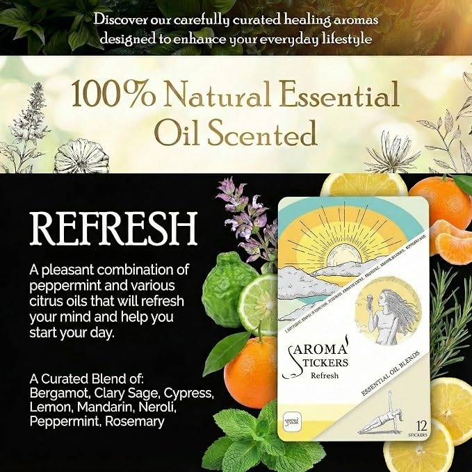 Original Blend REFRESH Edition- 100% Natural Essential Oil Scented Mask Stickers for Face Mask & Pillow (12 Stickers/pc) -Personal Aroma/Relaxing (Pack of 3)