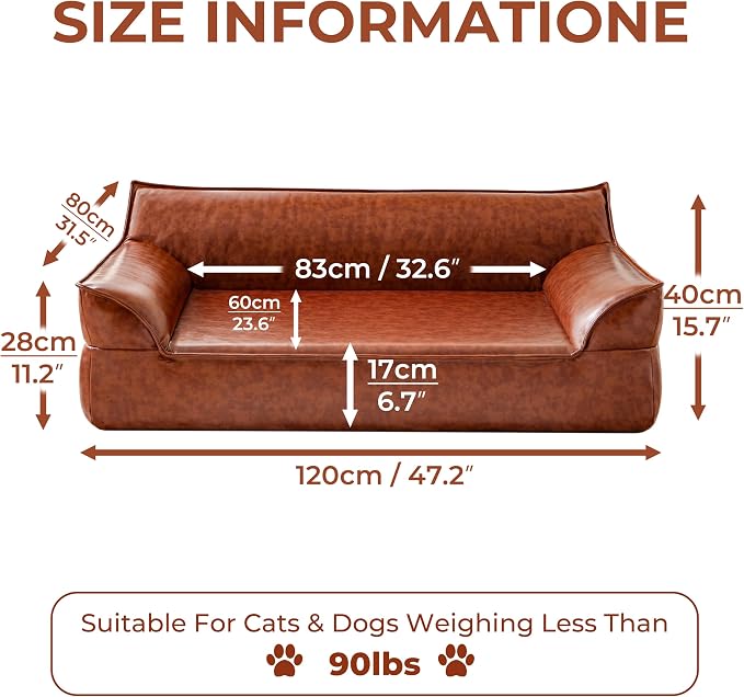 X-Large Leather Dog Sofa Pet Couch for Large Dogs Under 90 lbs, Brown | Mid Century Modern Elevated Luxurious Elevated Dog Chair, Big Dog Chaise Indoor Furniture Style Pet Supplies, Low Maintenance