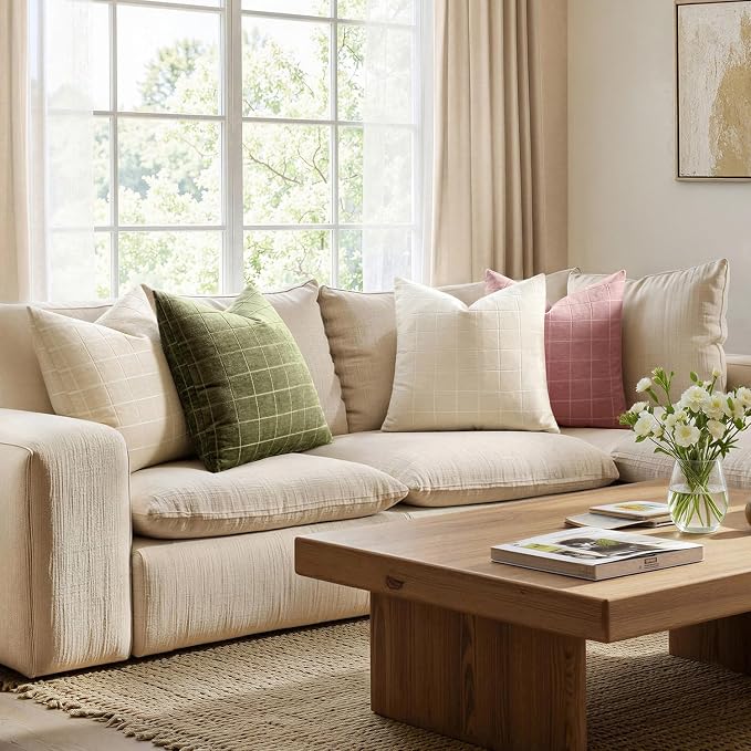 MIULEE Olive Green Plaid Decorative Throw Pillow Covers 20x20 Set of 2 | Vintage, Check Chenille Couch Pillows, Neutral Boho Farmhouse Cushion Covers, Modern Home Decor for Sofa Bed Living Room