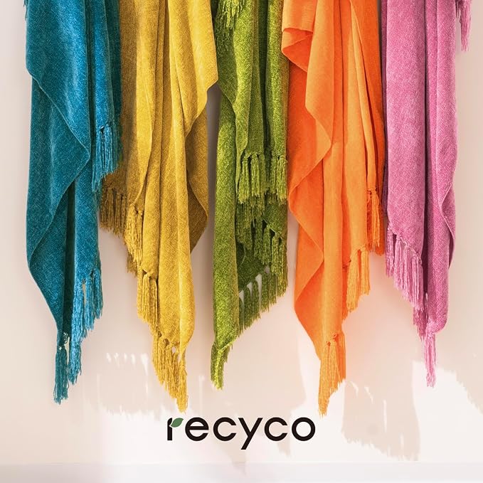 RECYCO Chenille Throw Blanket for Couch, 60"x80", Mustard Yellow | Super Soft Knit Throw Blanket with Fringe Tassels, Lightweight Knitted Throw, Cozy, Ideal for Sofa Chair Bed Living Room Gift