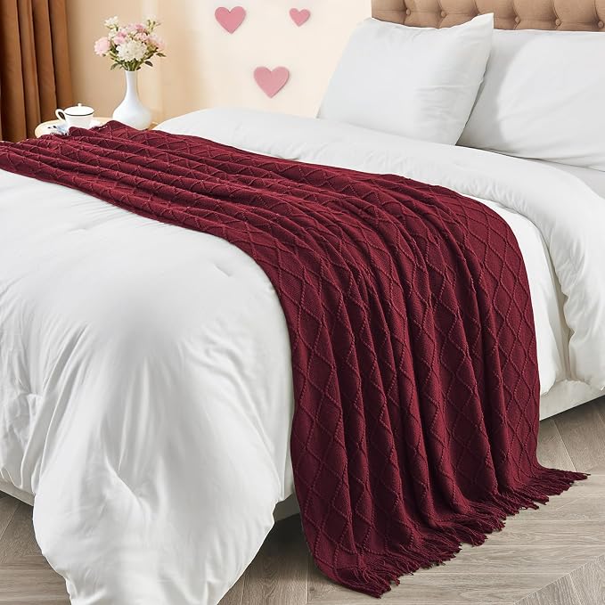 inhand Claret Knitted Throw Blanket for Couch and Bed, 60"x80" | Gifts for Mom from Daughter Son, Soft Lightweight with Tassel, Farmhouse Warm Decorative Blanket for Women, Cozy Knit