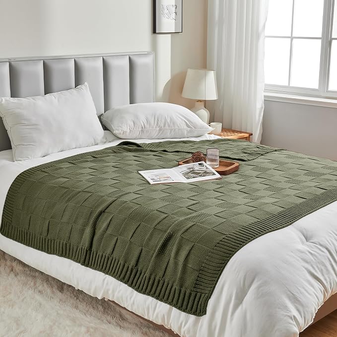 CozeCube Olive Green Knitted Checkered Throw Blanket 50"X60" | Check Knit Throw for Couch, Decorative Christmas Soft Cozy Warm Blanket for Bed Sofa Living Room
