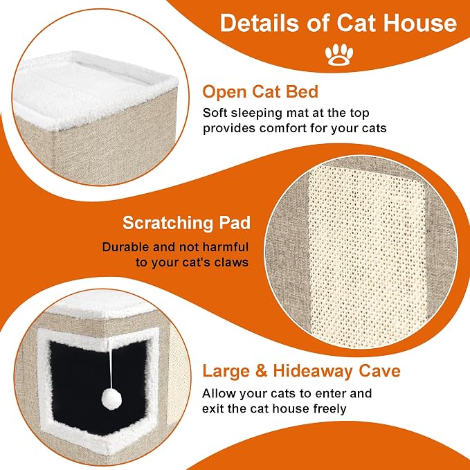 Loyareal Cat Houses for Indoor Cats - Large Cat Bed Cave with Scratch Pad and Fluffy Ball, Foldable Cat Condo Hideaway with Reversible Cushion for Multi Small Pet, Khaki
