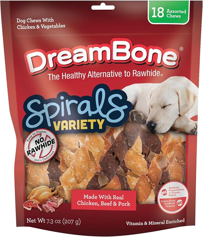 DreamBone Spirals Variety Pack Dog Treats, Daily Rawhide-Free Chew, Digests Safely and Completely, with Real Protein, Chicken, Beef, Pork and Veggies, 18 Count