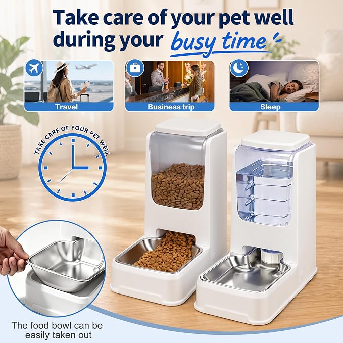 Automatic Cat Dog Feeder and Water Dispenser Set with Stainless Steel Bowl | Automatic Cat Feeder and Water Dispenser Set with Dog Stainless Steel Feed Bowl Pet Gravity Self Feeding and Waterer *2