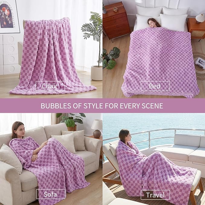 Luxury 3D Checkered Throw Blanket Reversible Thick Warm Blankets for Couch | Soft Velvet Flannel Fuzzy Plush Gift for Women