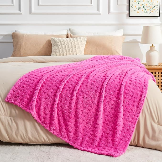 NEWCOSPLAY 3D Waffle Checkered Flannel King Blanket, Hot Pink, 90"x110" | Super Soft Cute Lightweight Decorative Premium Silky Fleece Blanket for Couch Sofa Bed, Gift for Women Men, All Season Use