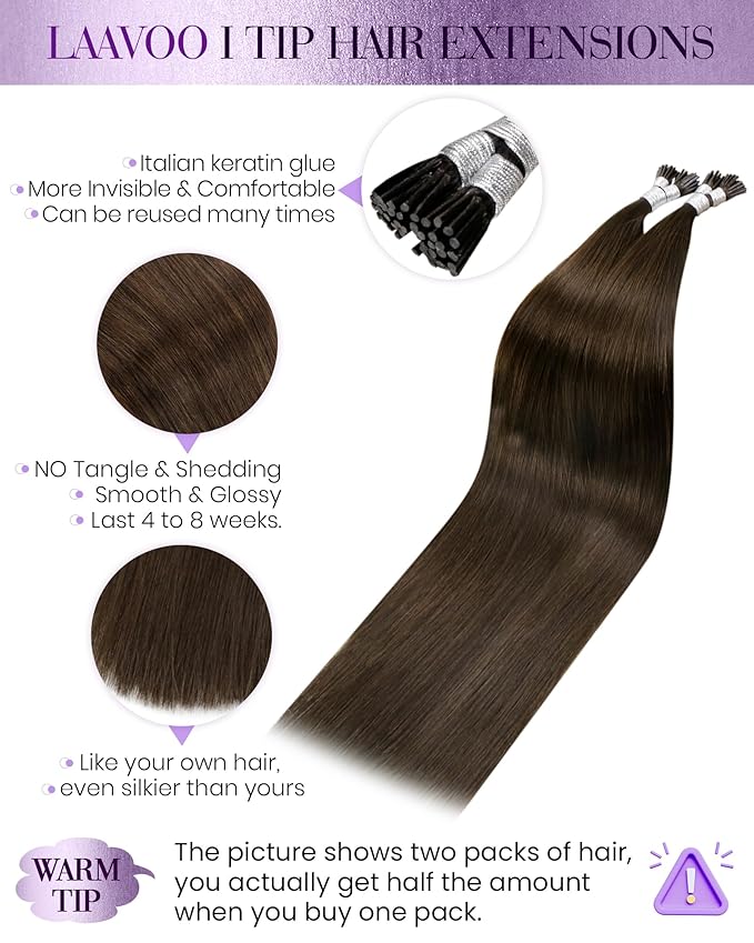 LaaVoo I Tip Hair Extensions Human Hair Medium Brown I Tips Hair Extensions Real Human Hair Silky Straight 20in 50s 50g