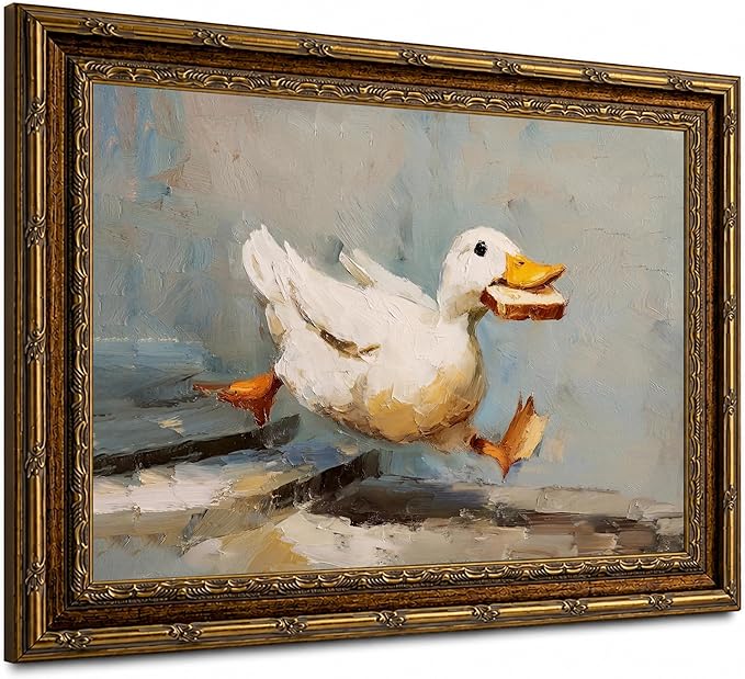 Gold Framed Funny Duck Wall Art Rustic Cottagecore Animal Wall Decor Print | Farmhouse Animal Painting Whimsical Duck Canvas Poster for Kitchen Bathroom Living Room Bedroom, 12x16 Inches