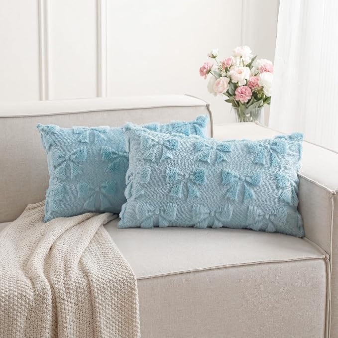 Mixweer Blue Bow Pillow Covers Set of 2 Preppy Room Decor Coquette Cute Spring Summer Decorative Faux Fur Soft Bowknot Stuff Fluffy Plush Aesthetic Pillowcase for Bed Sofa Couch (12 x 20 Inch)