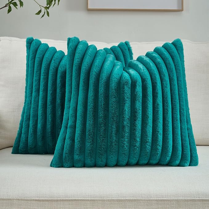 FUTEI Pack of 2 Faux Fur Throw Pillow Covers 18x18 Inch, Teal | Fluffy Faux Rabbit Fur Front/Premium Velvet Back,Hidden Zipper,Machine Washable,Non-Shedding,Colorfast,Insert Not Included.