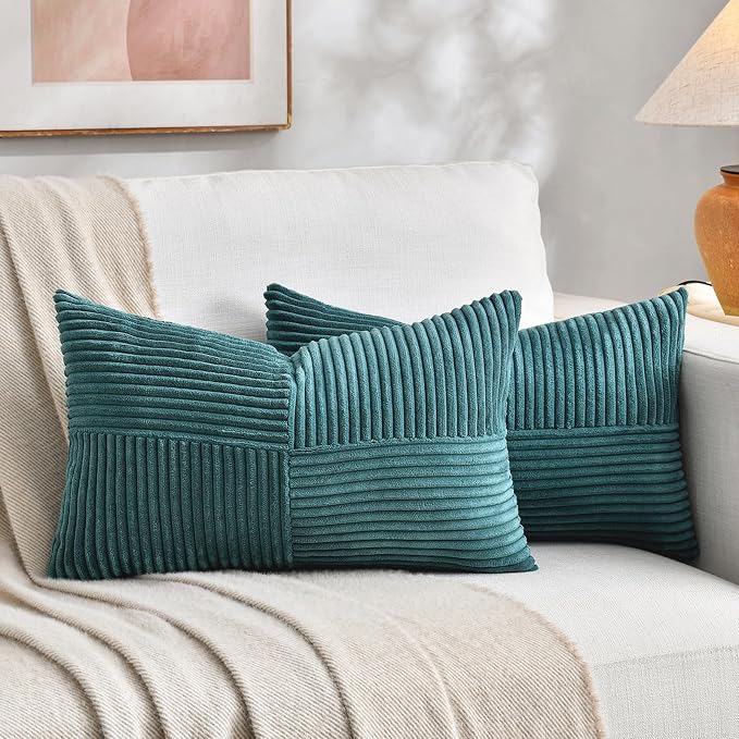 Fancy Homi Teal Lumbar Decorative Throw Pillow Covers 22x14 Inch for Living Room Couch Bed Sofa, Rustic Farmhouse Boho Home Decor, Soft Striped Corduroy Rectangle Accent Cushion Case 35x55 cm