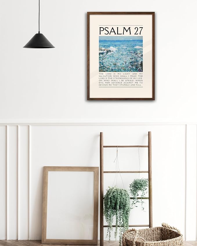 EcoHest 12x16 in Psalm 27 Ocean Framed Bible Verse Christian Wall Art | Walnut Color Solid Oak Frame， Canvas Wall Art, Coastal Scripture Wall Decor for Bedroom, Living Room, Office, Church, 1Pack