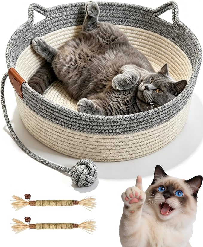 Instinct Basket for Cats,Cat Basket Bed with Cushion & Hanging Ball Toy,Handwoven Cotton Rope Cat Basket (Gray,L(up to 27Lb))