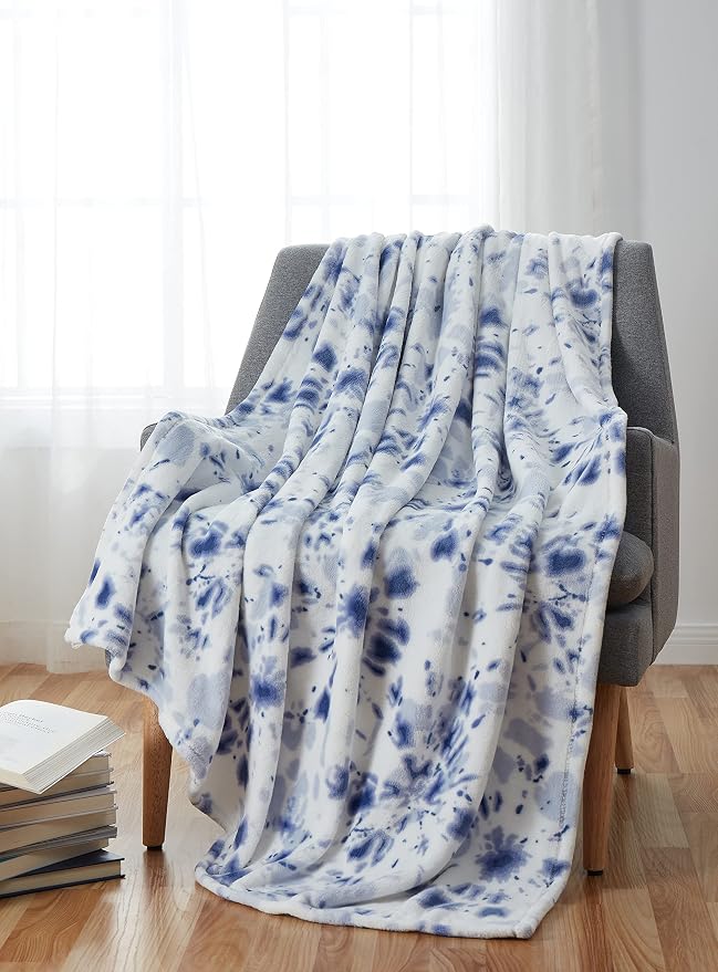 Bohemian Fleece Throw Blanket: Boho Velvety Soft Tie Dye Design, Purple Blue White, 50" x 70" (Tie Dye)