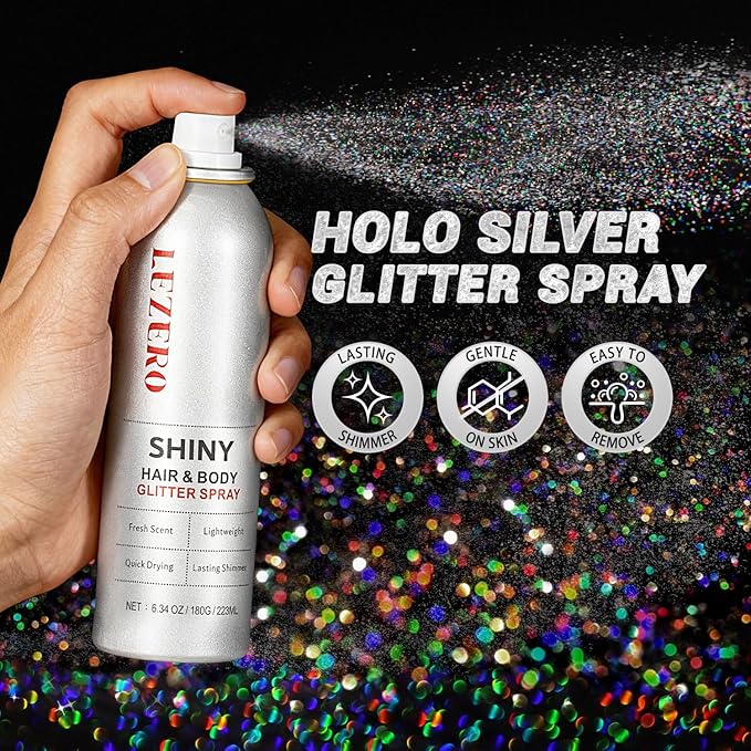 Hair and Body Glitter Spray for Women Kids, 6.34OZ Large Capacity Original Temporary Shimmery Glitter Spray for Festival Rave Outfits Accessories, Singer Concert, Wedding Season, Rainbow Silver