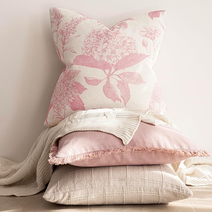 Foindtower Set of 2 Linen Floral Throw Pillow Covers Neutral Vintage Print Decorative Cozy Cushion Covers Farmhouse Boho Home Decor for Sofa Chair Couch Bedroom Living Room,24×24 Inch,Light Pink