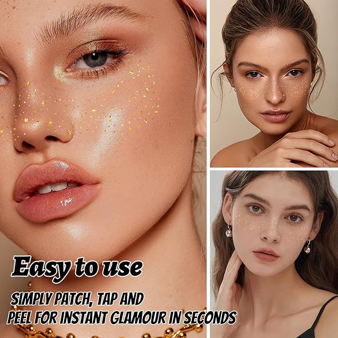 GOLD Glitter Freckles Makeup Patches, 12PCS Speckles Face Tattoos Sticker Set, Temporary Face Sparkle Sticker Makeup Accessories for Women Girl, Lasting & Waterproof