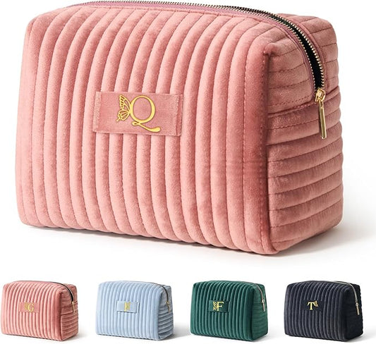COSHAYSOO Travel Makeup Bag Quilted Make Up Pouch Initial Velvet Cosmetic Case with Butterfly Decorations for Women Cosmetics Complexion Skincare Products Tools Accessories Organizer Pink Letter Q