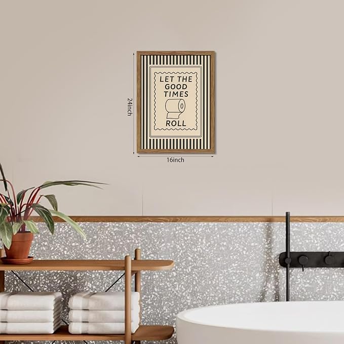 Framed Let The Good Times Roll Bathroom Print, Vintage Funny Toilet Quote Canvas Wall Art, Stripes Bathroom Picture Poster, Downstairs Toilet Painting Wall Decor 16x24 inch