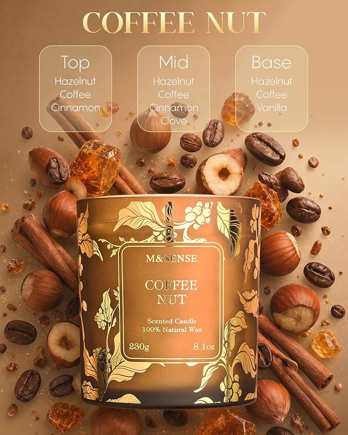 M&SENSE Coffee Nut Soy Candle, 7.8oz Gilded Glass, Coffee Lover Gift | 42H Slow Burn, Non-Toxic, Cozy Relax Calm, Warmer Safe, Reusable Jar, Sensitivity-Safe