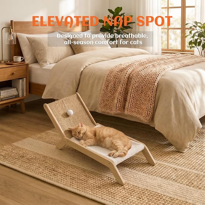 PETKARAY Beach Chair Cat Hammock, Elevated Cat Beds for Indoor Cats, Original Cozy Lounger with Sisal Scratcher and Toy Ball