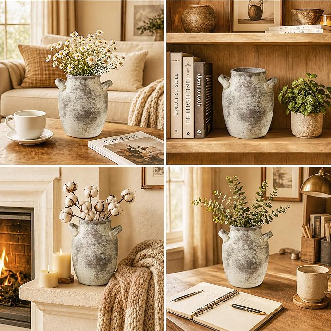 DREAMLOOM 7.2 Inch Ceramic Flower Vase, Terracotta | Double Handles, Farmhouse Vintage, Pottery, Home Decor, Living Room Dining Table Wedding Centerpieces