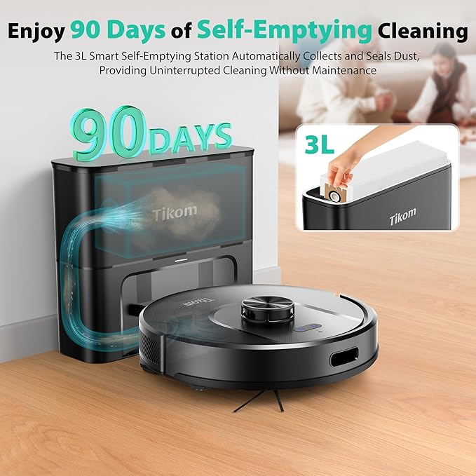 Tikom Robot Vacuum and Mop, Robotic Vacuum Cleaner with Self-Emptying Base | 6000Pa, 90 Days Capacity, LiDAR Navigation, Home Mapping, Ideal for Pet Hair, Hard Floors, Carpet (L8000 Plus)