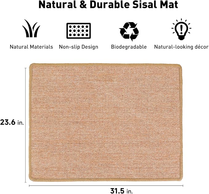 FUKUMARU Cat Scratcher Mat, 23.6 X 31.5 Inch Natural Sisal Cat Scratch Mat | Horizontal Cat Scratching Pad Mat Floor Rug with Sticky Tapes, Cat Wall Scratcher for Indoor Cats, Protect Couch and Carpet