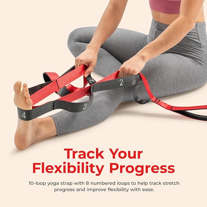 Sunny Health & Fitness Premium Yoga Stretch Strap with 8 Individual Grip Loops - 75" x 1.5" Durable Polyester Stretching Strap for Flexibility, Physical Therapy, Pilates, and Full Body Workouts
