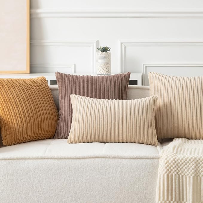 UGASA 14x24 Inch Pillow Cover Pack of 1 Soft Boho Stripe Corduroy Long Rectangular Lumbar Cushion Cover Farmhouse Decorative Throw Pillowcase for Bed, Couch, Sofa, Bedroom, Living Room, Beige