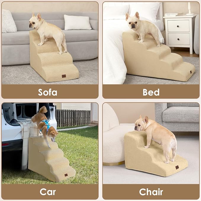 EHEYCIGA Curved Dog Stairs Ramp, 5-Step High Beds, 22.6" H Pet Step | 33D density of pure foam, for Small Dogs and Cats, Pet Stairs for High Bed Climbing, Non-Slip Balanced Indoor, Graige