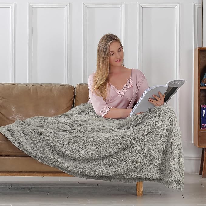 Decorative Extra Soft Fuzzy Faux Fur Throw Blanket 50" x 60",Solid Reversible Long Hair Shaggy Blanket,Fluffy Cozy Plush Comfy Microfiber Fleece Blankets for Couch Sofa Bedroom,Quiet Grey