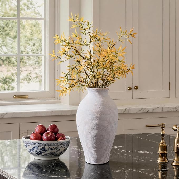 Ceramic Flower Vase Home Decor, 11 in Farmhouse Table White Vases Rustic Vintage Living Room Kitchen Bedroom Decorations Pottery Decorative Vases for House Shelf Office Coffee Desk Dining Fireplace