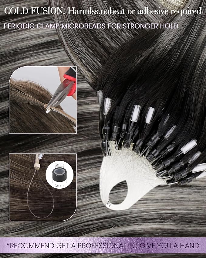 LaaVoo Microlink Hair Extensions Human Hair Ombre Black Microbead Hair Extensions Human Hair Off Black Balayage Grey Silver Micro Loop Hair Exrensions 14 inch 50g 50s