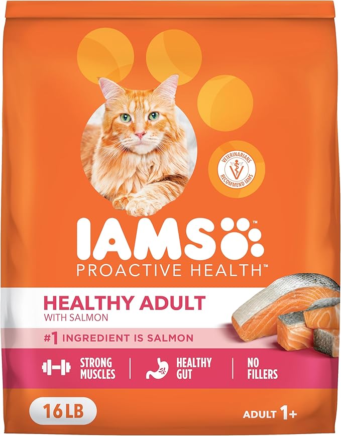 IAMS Proactive Health Healthy Adult Dry Cat Food, Salmon, 16 lb | Veterinarian-recommended, real salmon #1 ingredient, supports muscle, heart, digestion, skin & teeth