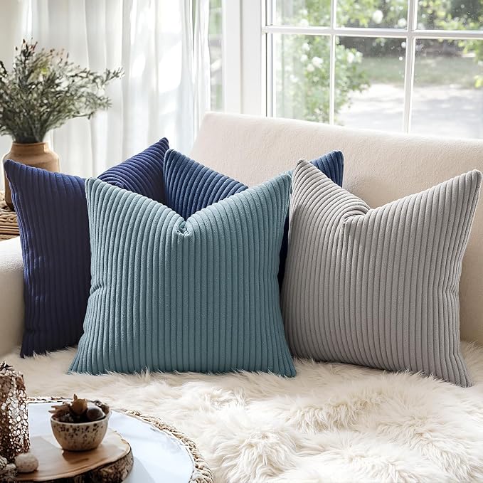MIULEE Decorative Corduroy Throw Pillow Covers Set of 2 18x18 Smoky Blue | Soft Striped Textured Cushion Cases, Boho Coastal Square Pillowcases for Home Decor, for Couch Chair Sofa Bed Living Room