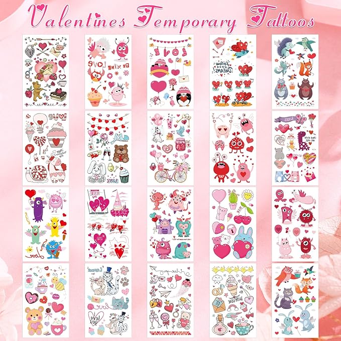 JUNEBRUSHS Holiday Temporary Tattoos, 20 Sheets Kid Stickers Water-Repellent Makeup for Exchange Gift Filler Boys Girls Party Favors Heart Love Decorations
